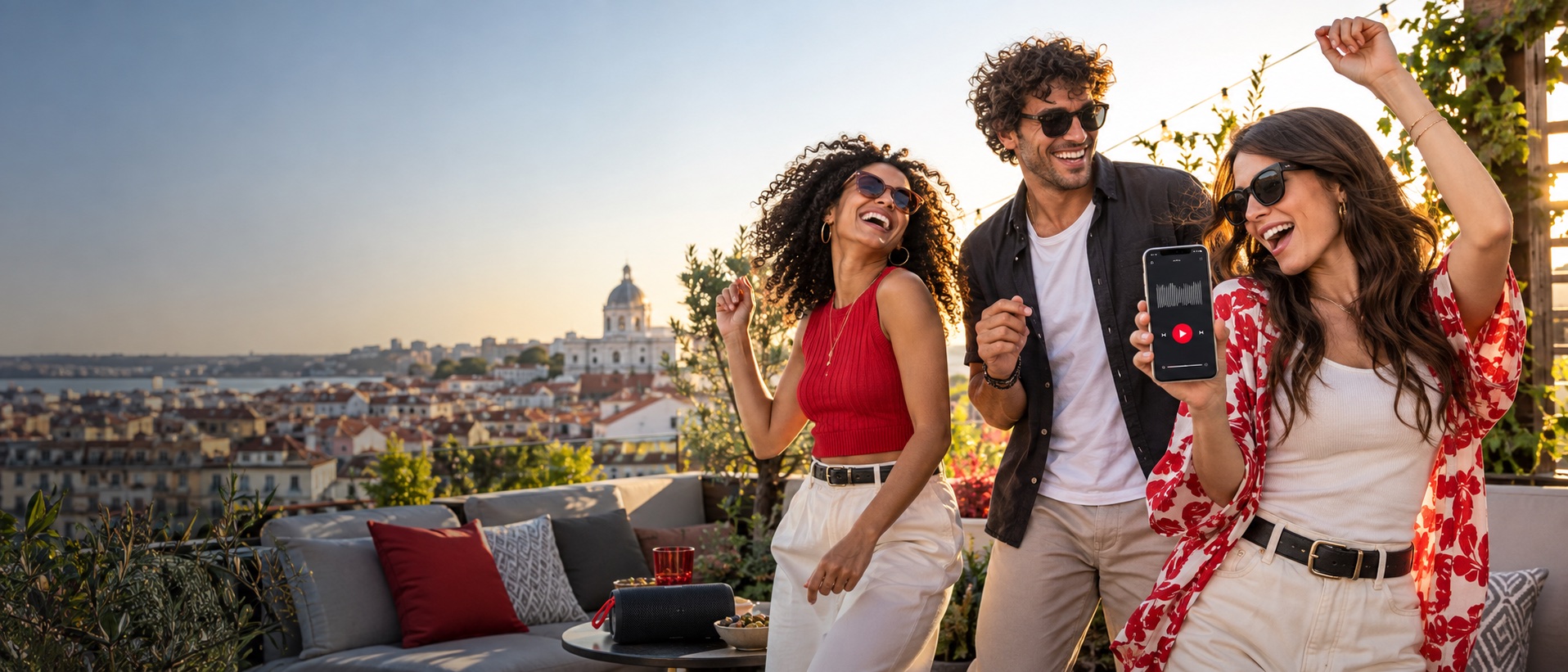 Freunde h&ouml;ren Radio VHR gemeinsam auf einer Dachterrasse